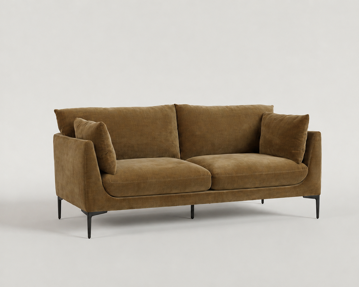 Angled view of the Venn 2 seater sofa with slim arms and black metal legs