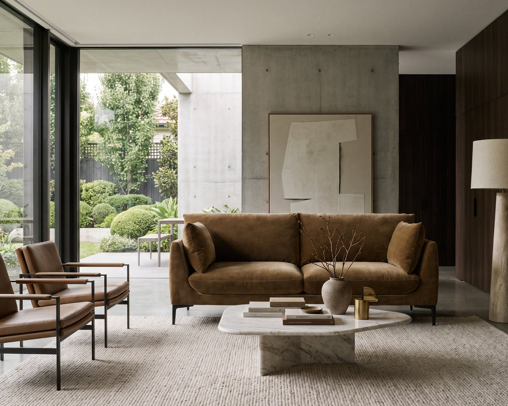 Venn 2 seater sofa in Army Olive in a modern Japandi living room