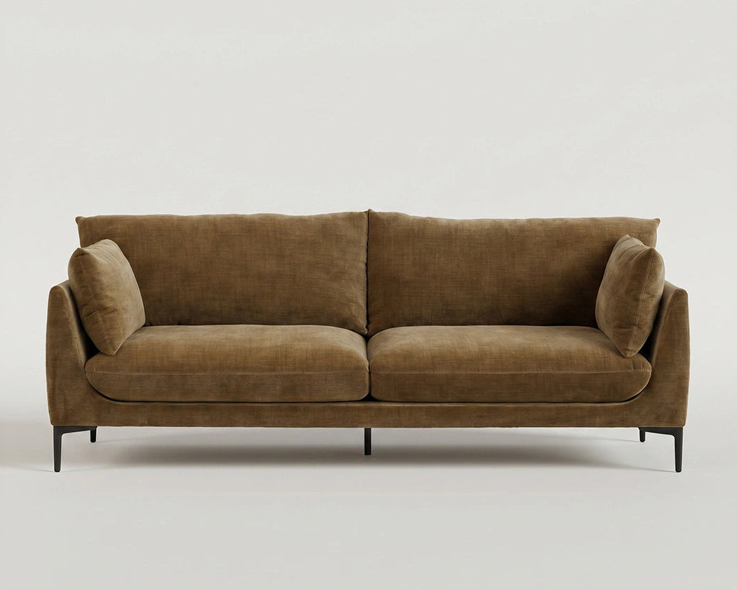 Front view of the Venn 3 seater sofa with slim arms and black metal legs