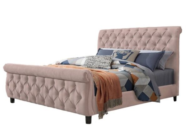 Morgan Double Bed Frame - Sleigh Bed Style in Blush Pink Fabric to buy online or visit The Urban Company Newry-2