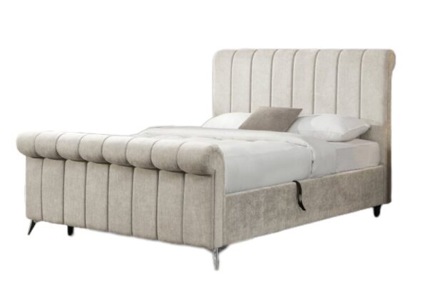 Carlow Double Bed Frame Beige Upholstery Gas Lift Ottoman Sleigh Bed to buy online UK and Ireland delivery or visit The Urban Company Newry