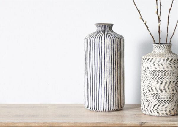 Bude Blue and White Stoneware Stripe Design Vase at The Urban Company Newry UK and Ireland delivery