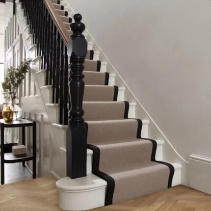 Boston Stair Runner Ready Made with Pimlico Madeira Carpet and Black Herringbone Cotton Border at The Urban Company Newry UK and Ireland delivery