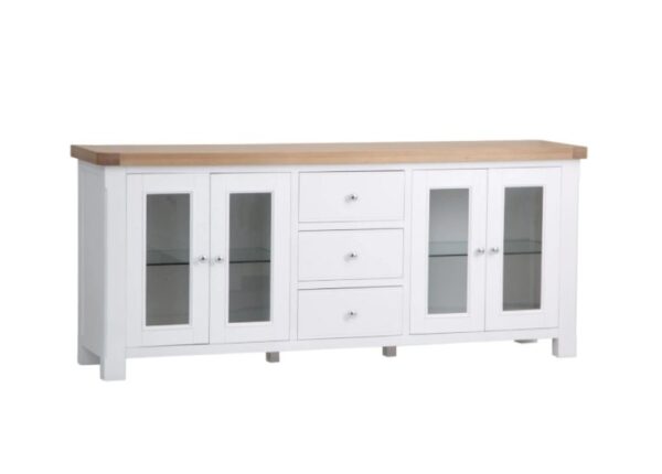 Chatsworth Large 4 door sideboard white painted pine with solid oak top at The Urban Company Newry UK and Ireland delivery