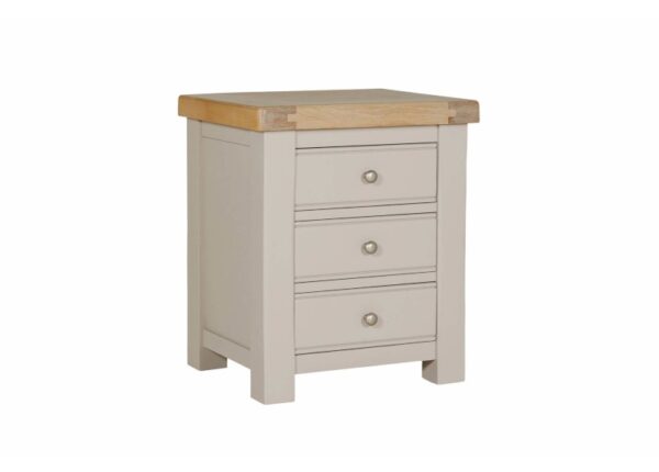 Ashbourne Bedside Table with 3 Drawers Taupe Paint Finish and Oak Veneer at The Urban Company Newry buy online UK and Ireland delivery