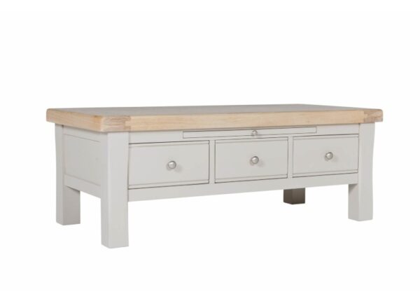 Ashbourne Coffee Table with Drawers Taupe Paint Finish and Oak Veneer at The Urban Company Newry buy online UK and Ireland delivery